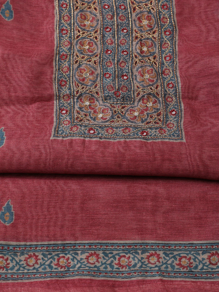 Printed Chanderi Unstitched Suit With Pant &amp; Dupatta