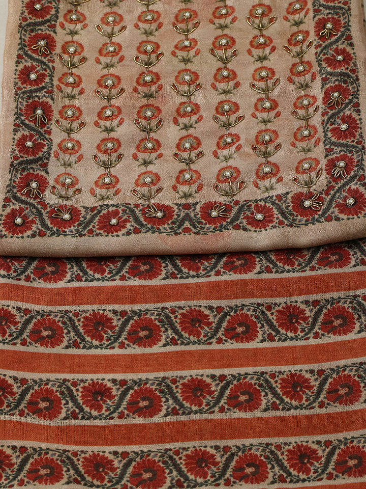 Embroidered Tussar Unstitched Suit With Pant &amp; Dupatta