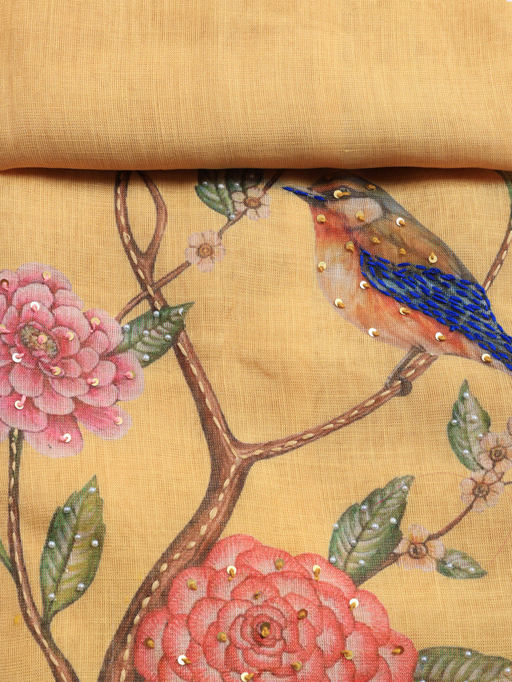 Printed Linen Blend Unstitched Suit With Pant &amp; Dupatta