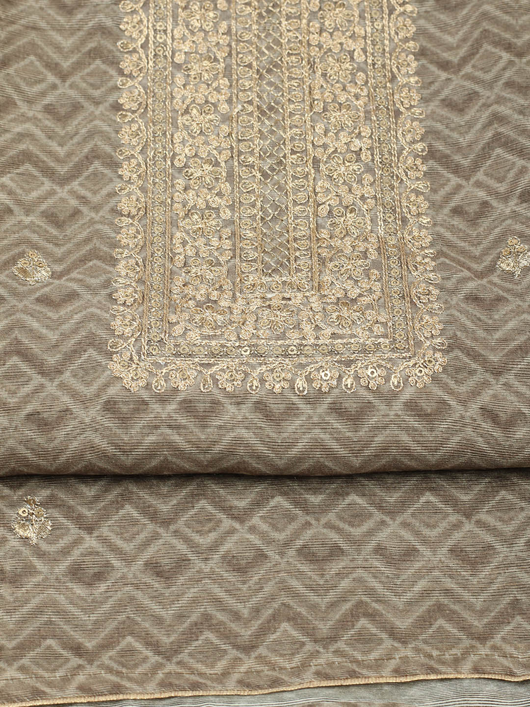 Embroidered Chanderi Unstitched Suit With Pant &amp; Dupatta