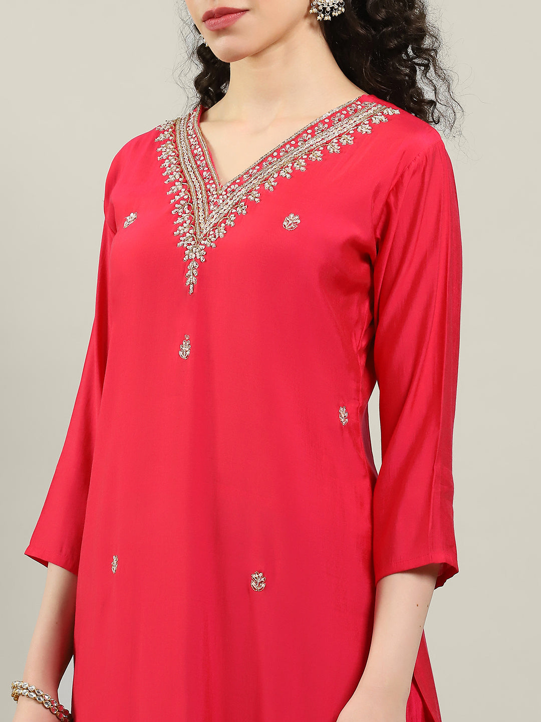 Embroidered Cotton Blend Kurta With Pants & Dupatta