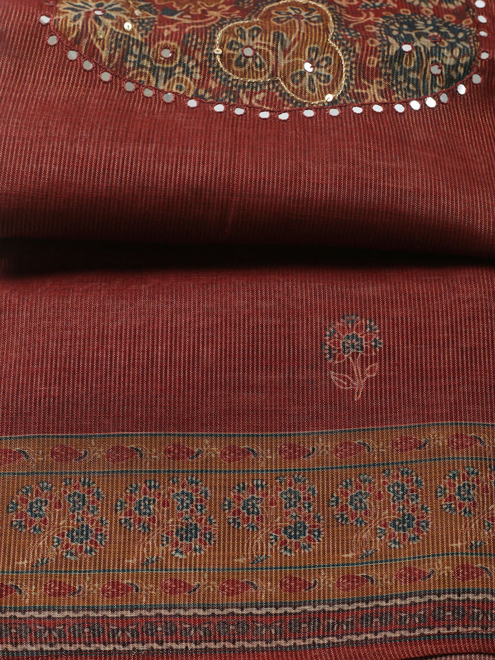Embroidered Chanderi Unstitched Suit With Pant &amp; Dupatta