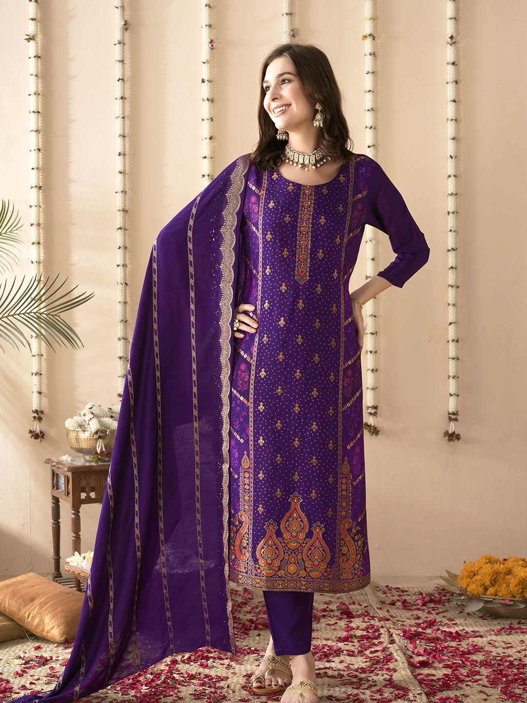 Embroidered Silk Kurta With Pant &amp; Dupatta