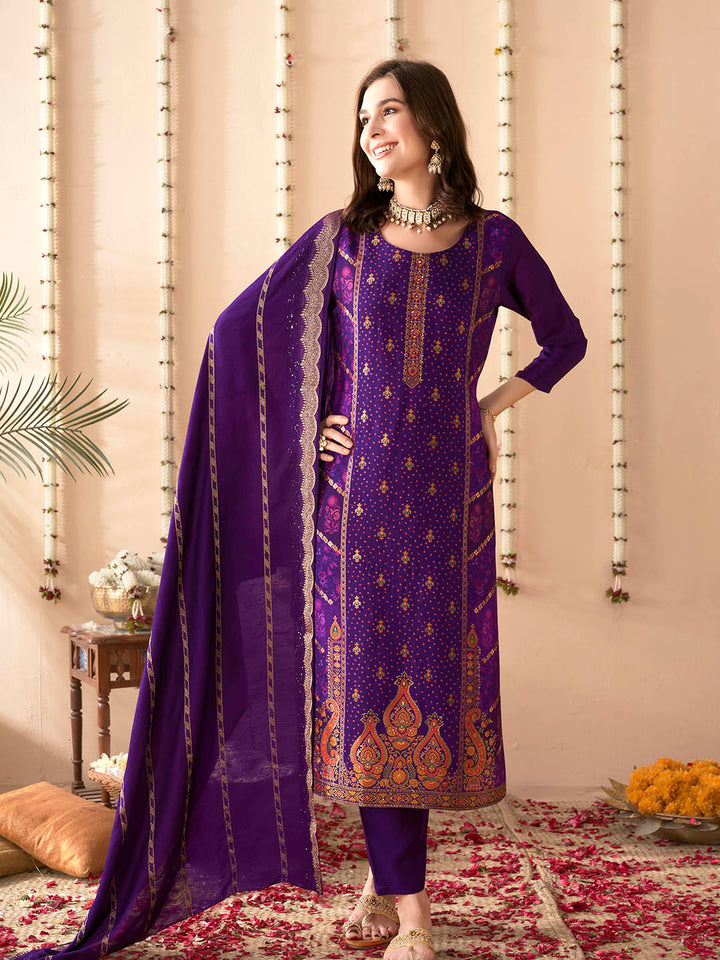 Embroidered Silk Kurta With Pant &amp; Dupatta