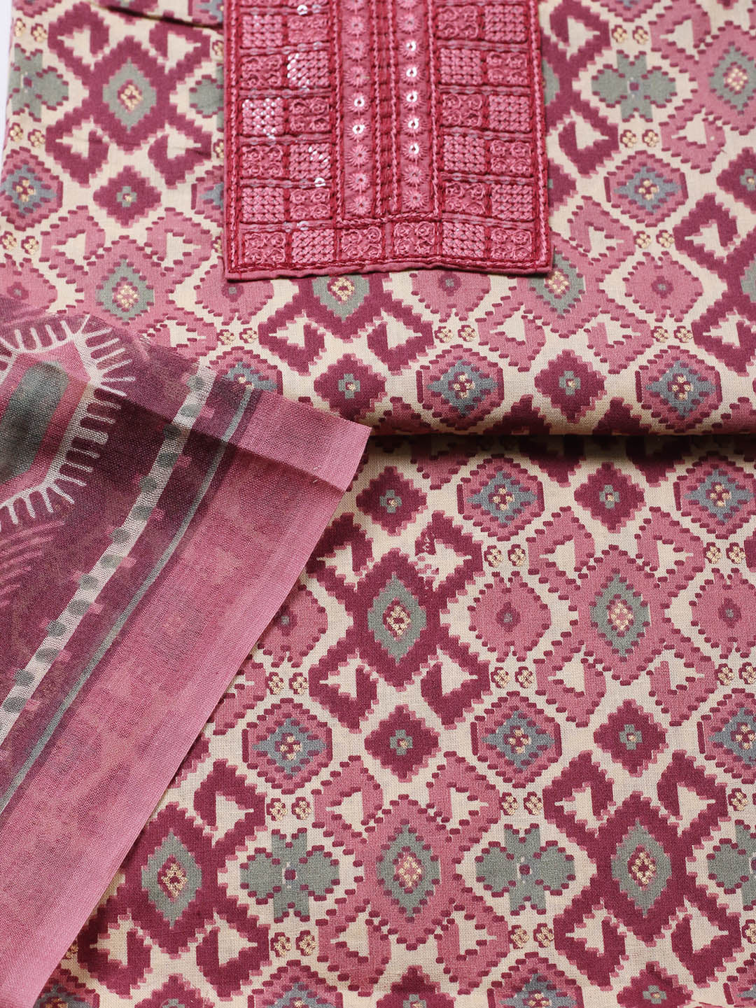 Printed Cotton Blend Unstitched Suit With Pant &amp; Dupatta