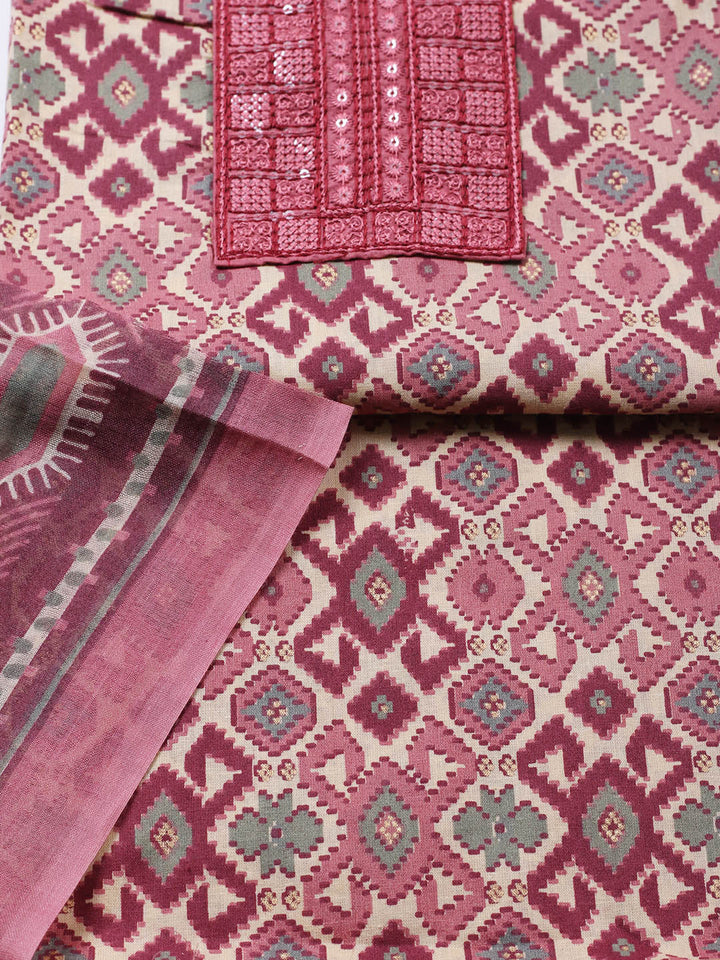 Printed Cotton Blend Unstitched Suit With Pant &amp; Dupatta