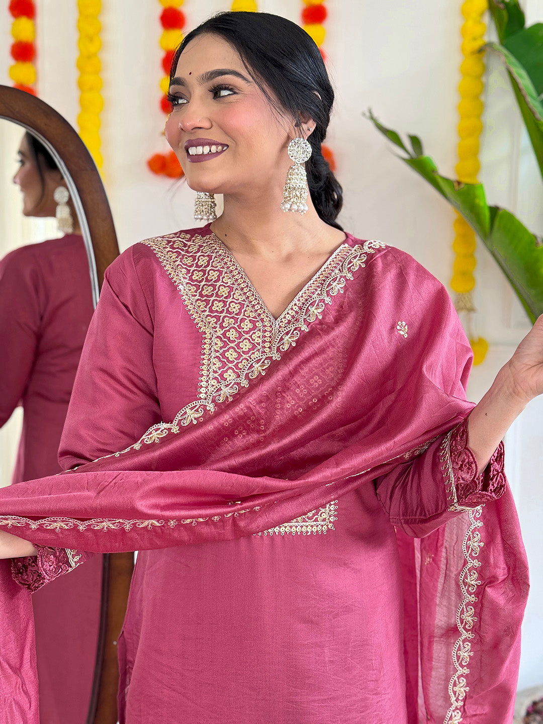 Neck Embroidery Cotton Blend Kurta With Pants &amp; Dupatta