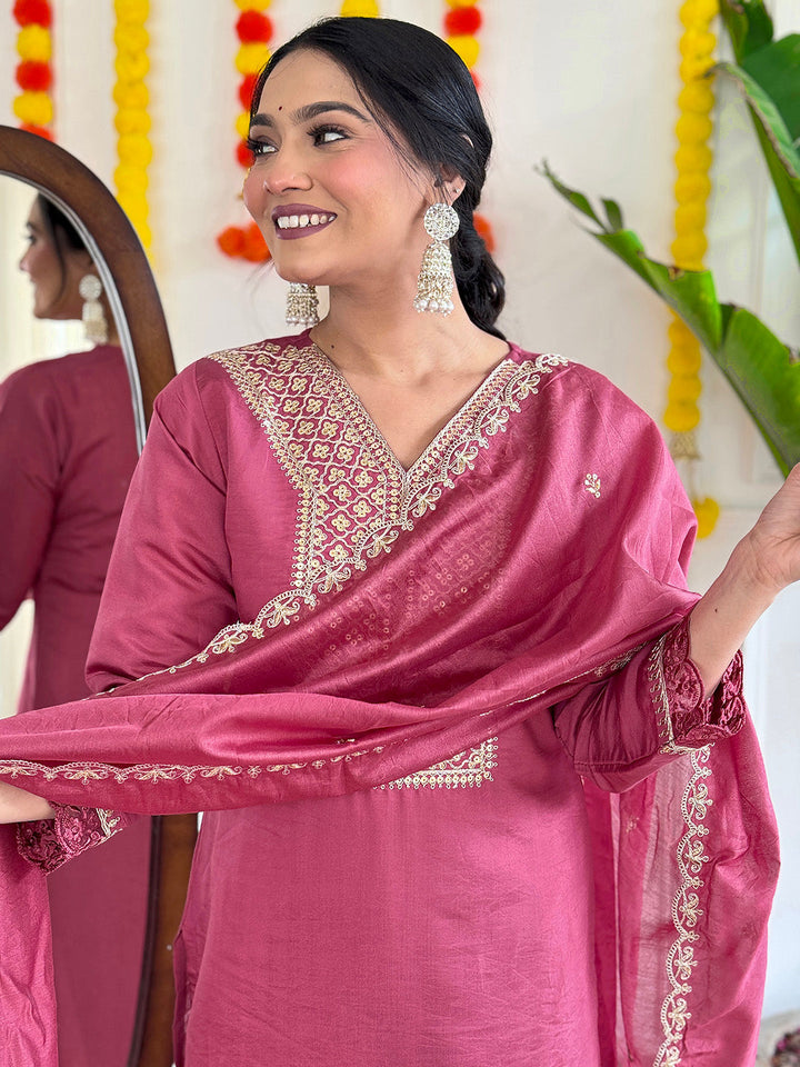 Neck Embroidery Cotton Blend Kurta With Pants &amp; Dupatta