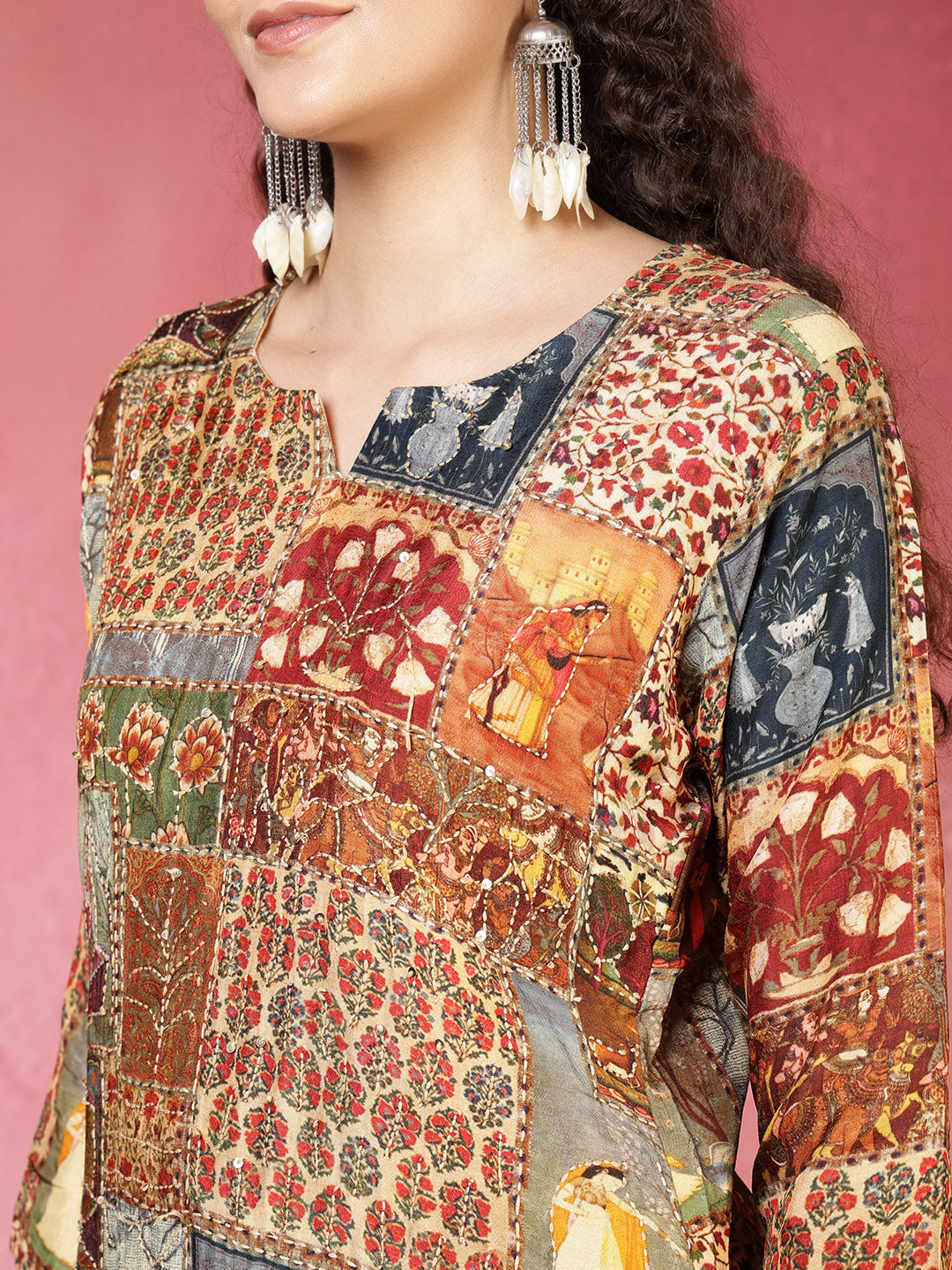 Kantha Work Cotton Blend Kurta With Pants