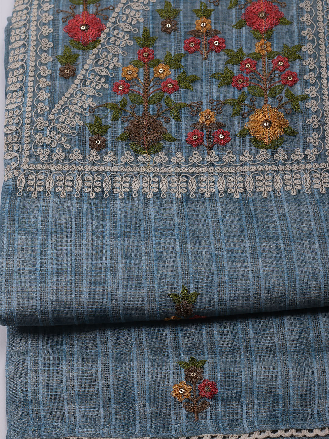 Embroidered Linen Unstitched Kurta With Pant & Dupatta