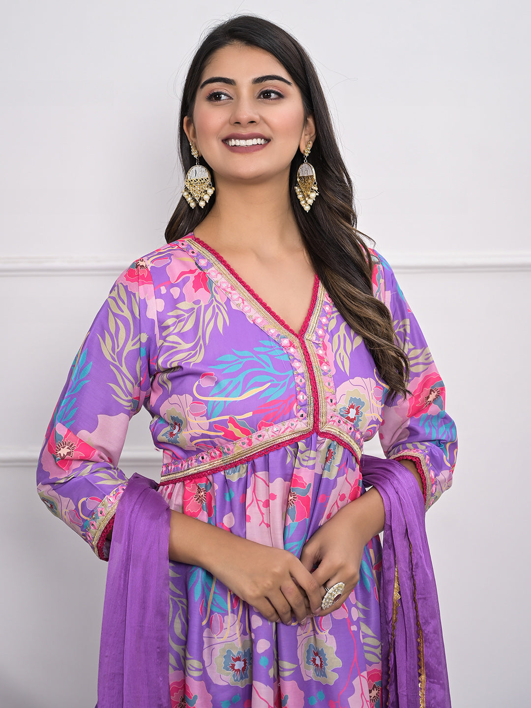 Digital Printed Cotton Blend Kurta With Pants &amp; Dupatta