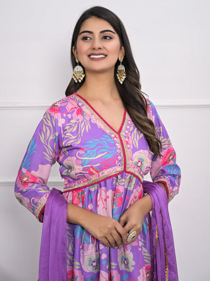 Digital Printed Cotton Blend Kurta With Pants &amp; Dupatta