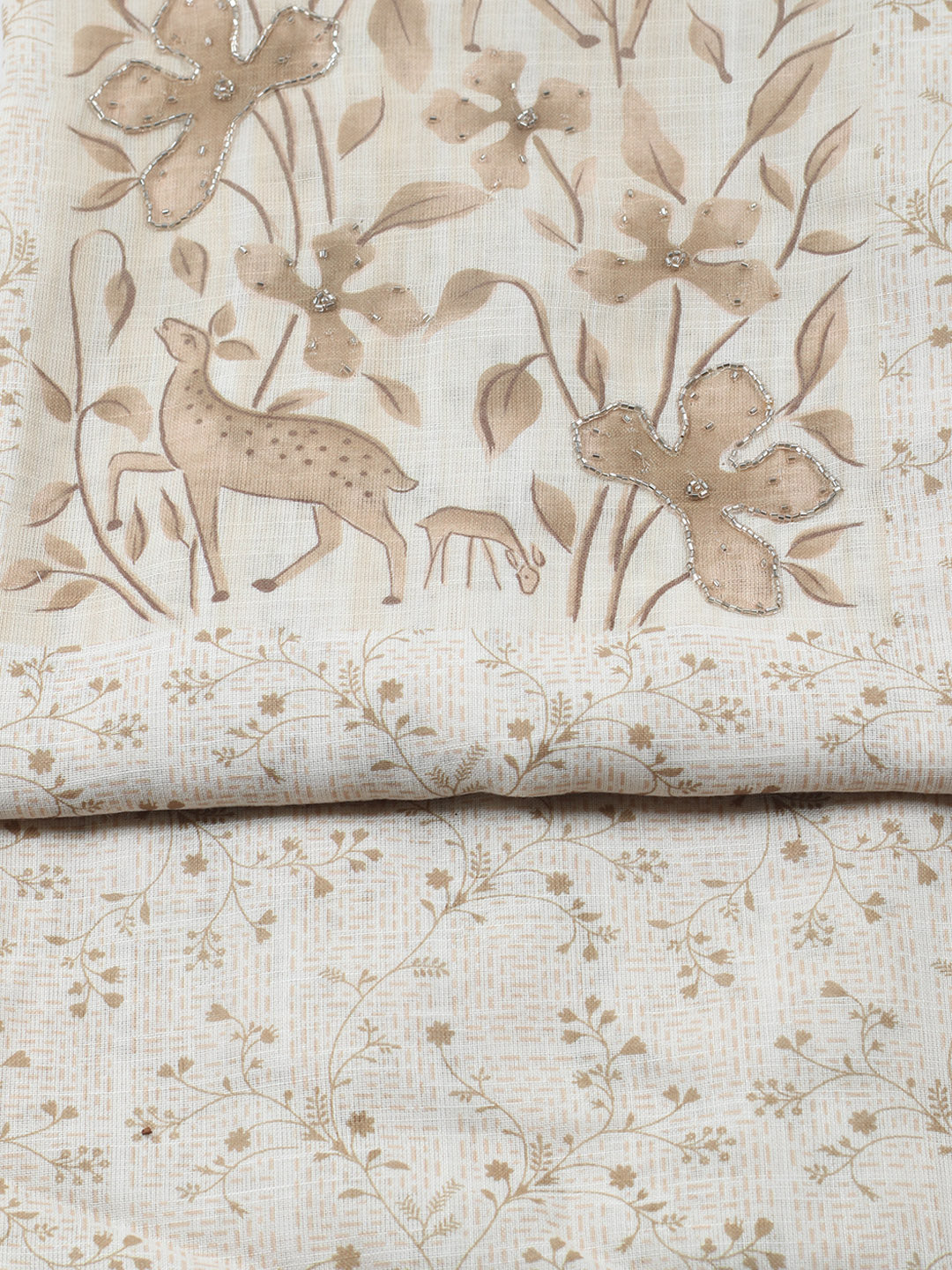 Printed Linen Blend Unstitched Suit With Pant &amp; Dupatta