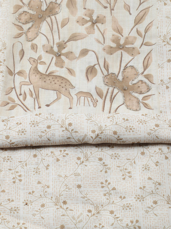 Printed Linen Blend Unstitched Suit With Pant &amp; Dupatta