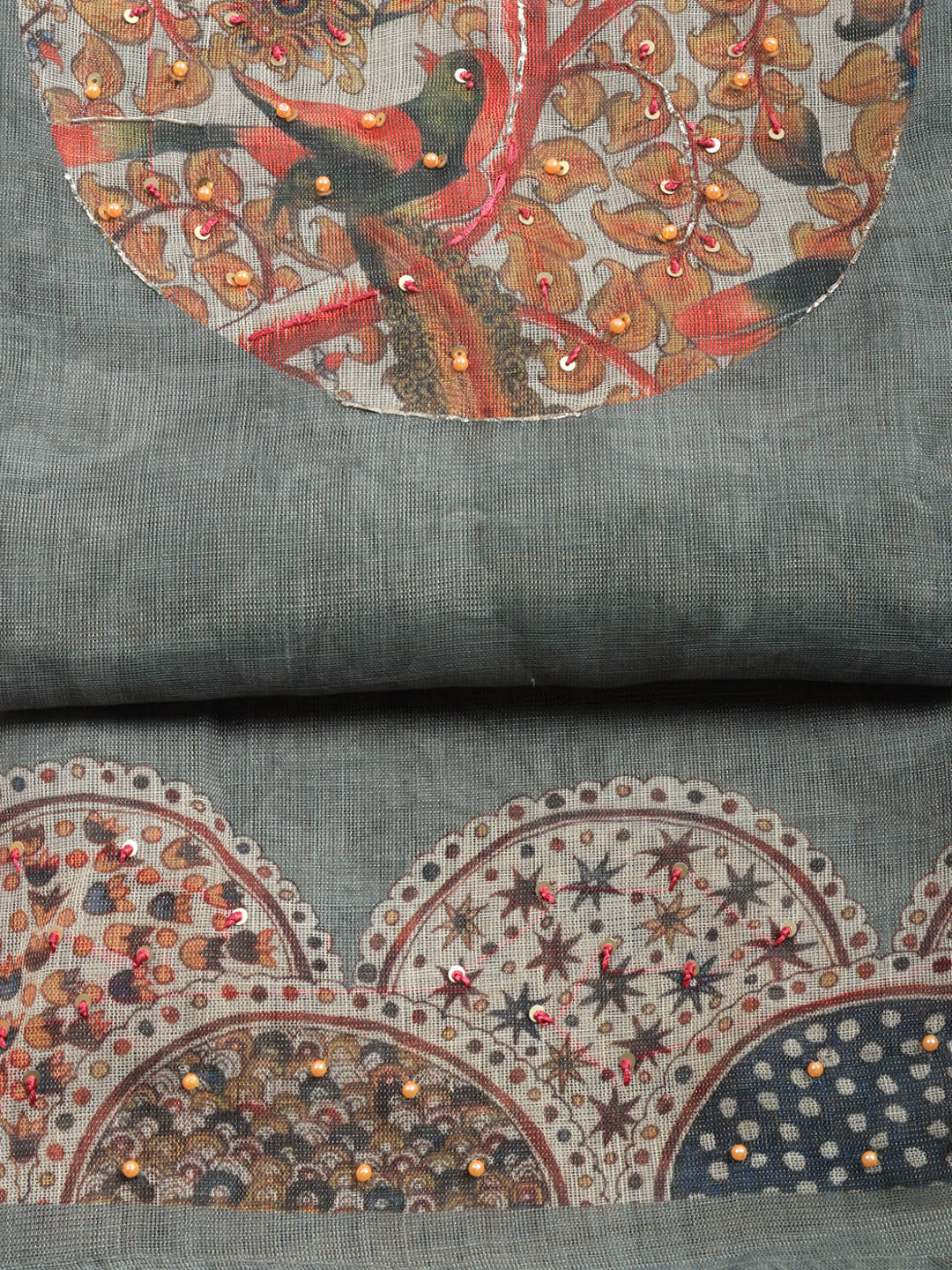 Printed Linen Blend Unstitched Suit With Pant &amp; Dupatta