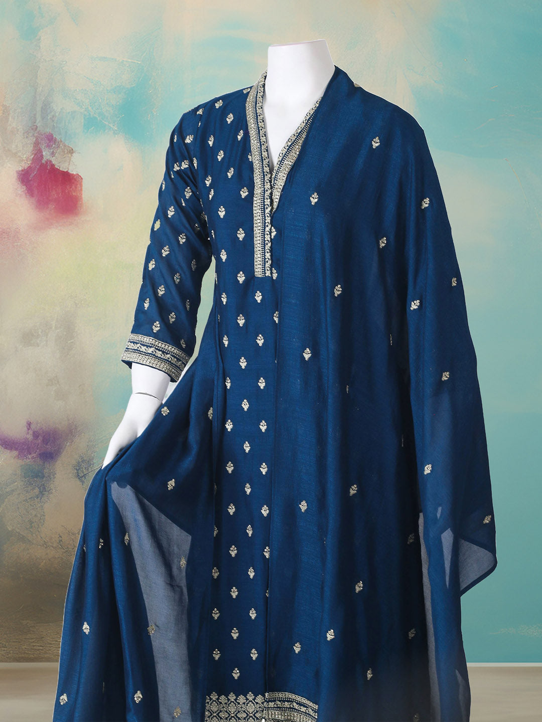 Embroidered Art Silk Kurta With Pant &amp; Dupatta