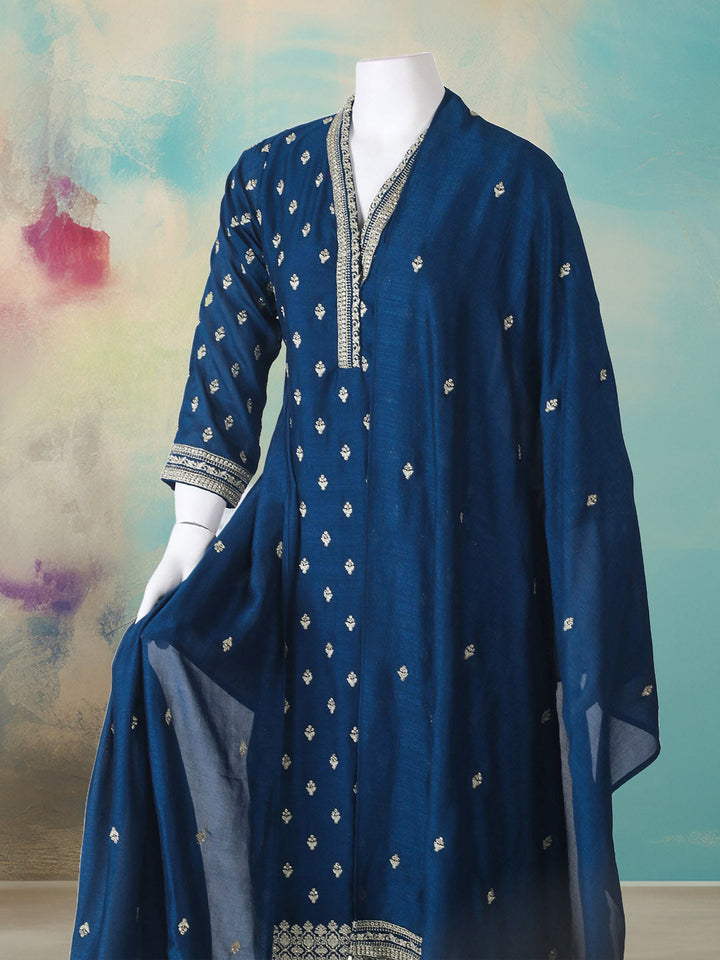 Embroidered Art Silk Kurta With Pant &amp; Dupatta