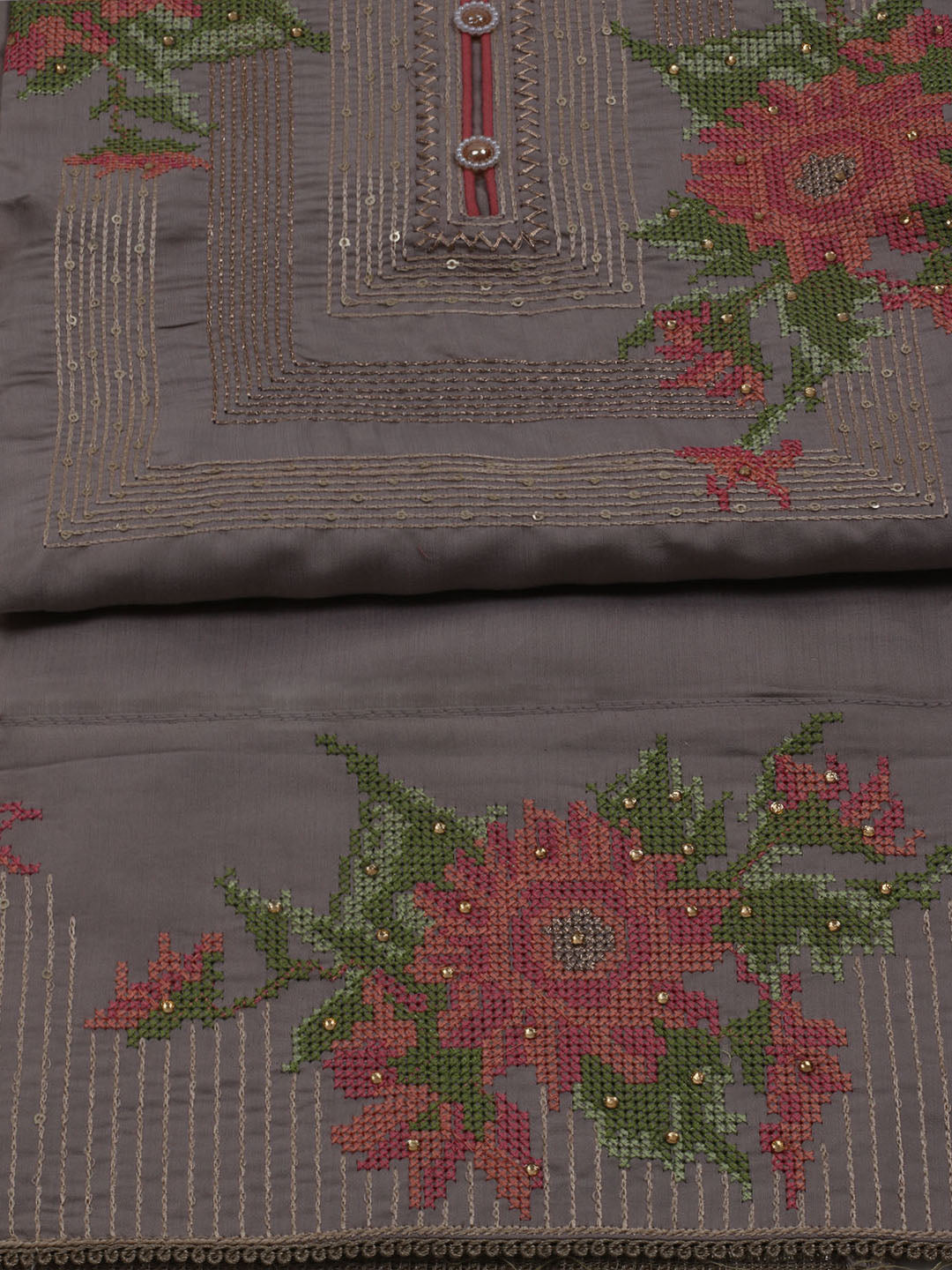 Neck Embroidered Chanderi Unstitched Suit With Dupatta
