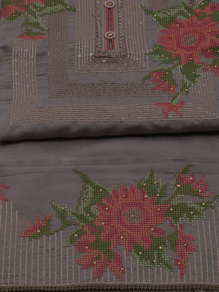 Neck Embroidered Chanderi Unstitched Suit With Dupatta