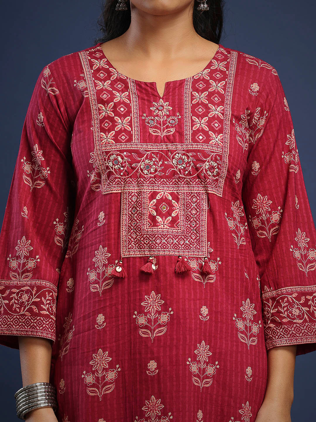 Wine Cotton Blend Printed A Line Suit Set