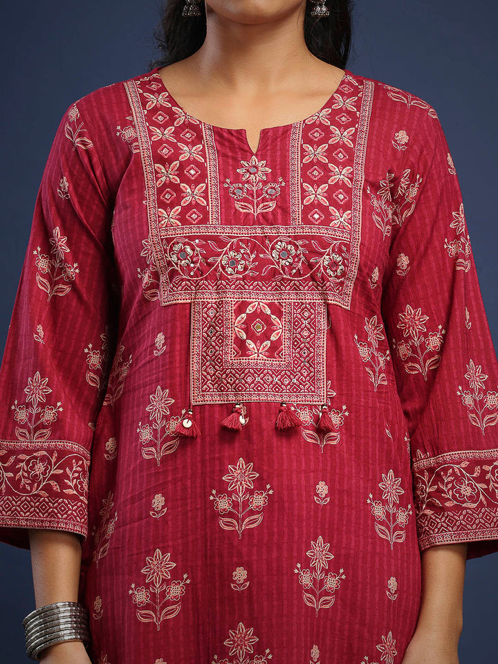 Wine Cotton Blend Printed A Line Suit Set