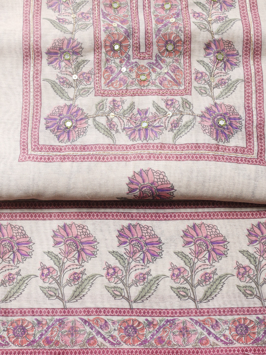 Printed Chanderi Unstitched Suit With Pant &amp; Dupatta