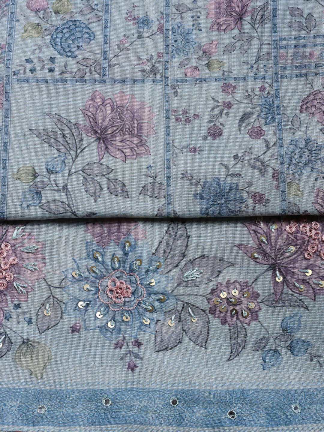 Printed Linen Blend Unstitched Suit With Pant &amp; Dupatta