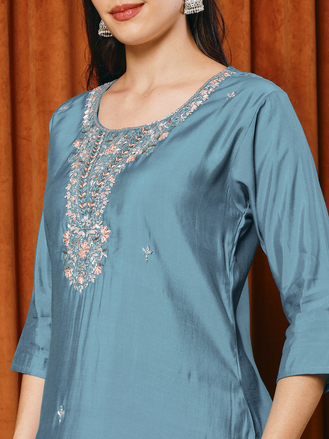 Embroidered Muslin Kurta With Pants & Dupatta