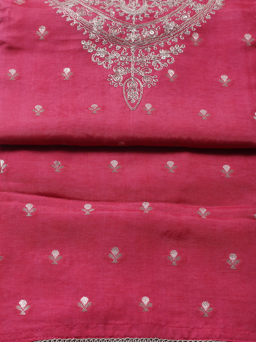 Embroidered Chanderi Unstitched Suit With Pant &amp; Dupatta