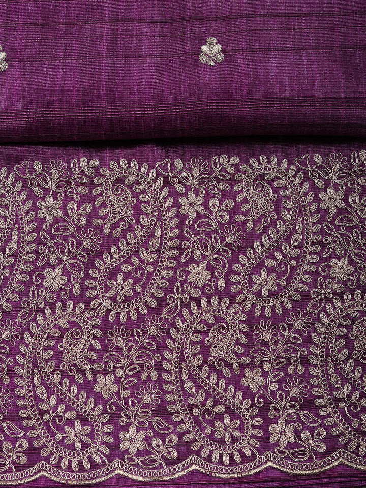 Embroidered Tussar Silk Unstitched Suit With Pant &amp; Dupatta