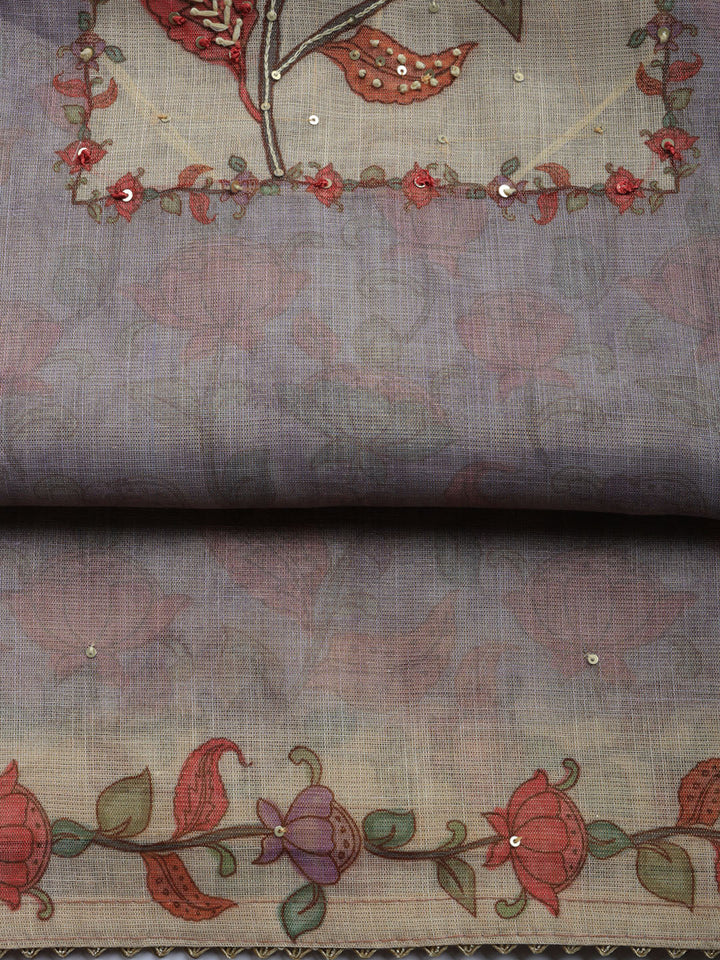 Printed Linen Blend Unstitched Suit With Pant &amp; Dupatta
