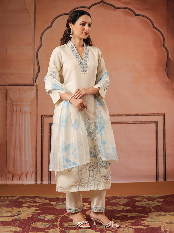 Embroidered Cotton Kurta With Pant &amp; Dupatta