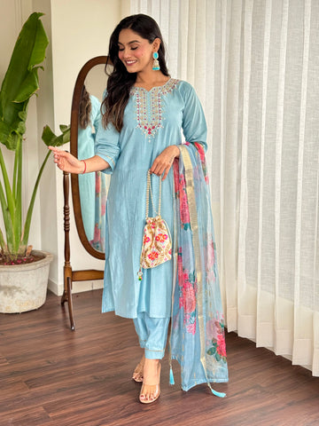 Neck Zari Embroidery Chanderi Kurta With Pants & Dupatta