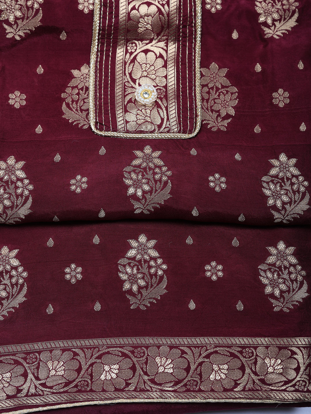 Embroidered Chanderi Unstitched Suit With Pant &amp; Dupatta