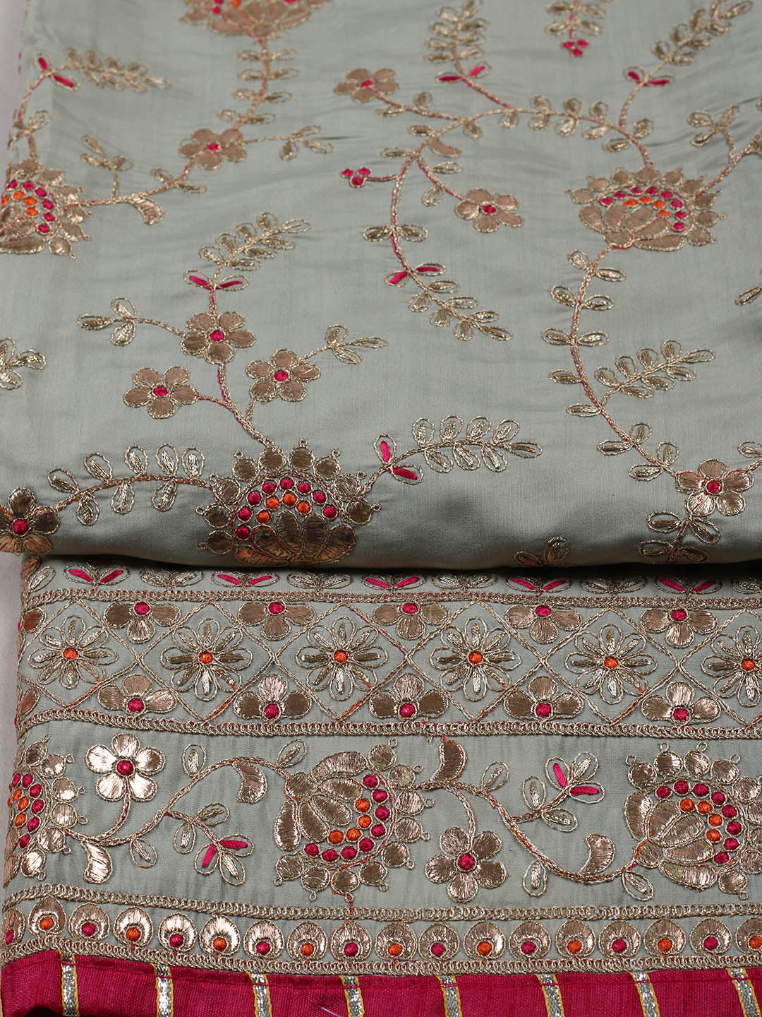 Embroidered Chanderi Unstitched Suit With Pant &amp; Dupatta
