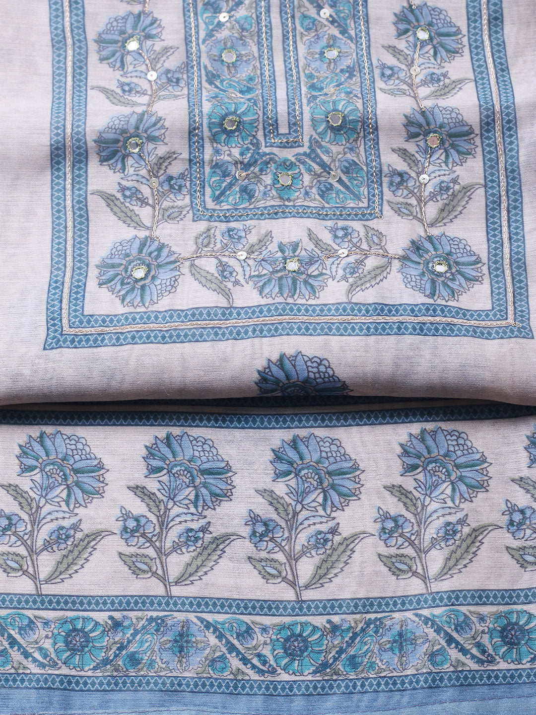 Printed Chanderi Unstitched Suit With Pant &amp; Dupatta