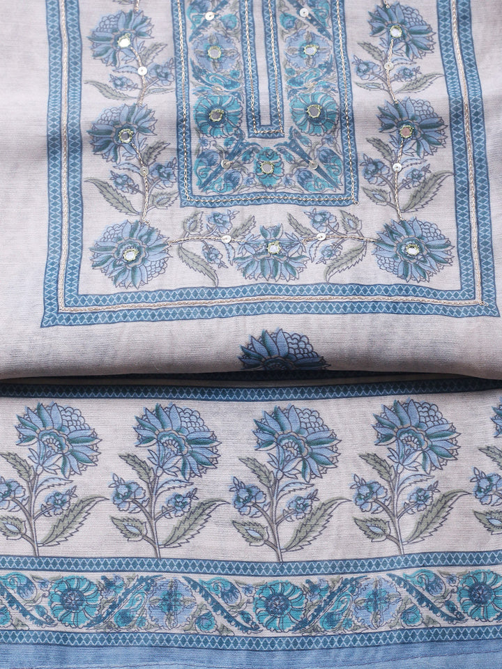 Printed Chanderi Unstitched Suit With Pant &amp; Dupatta