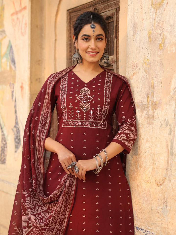 Wine Cotton Blend Printed Straight Suit Set