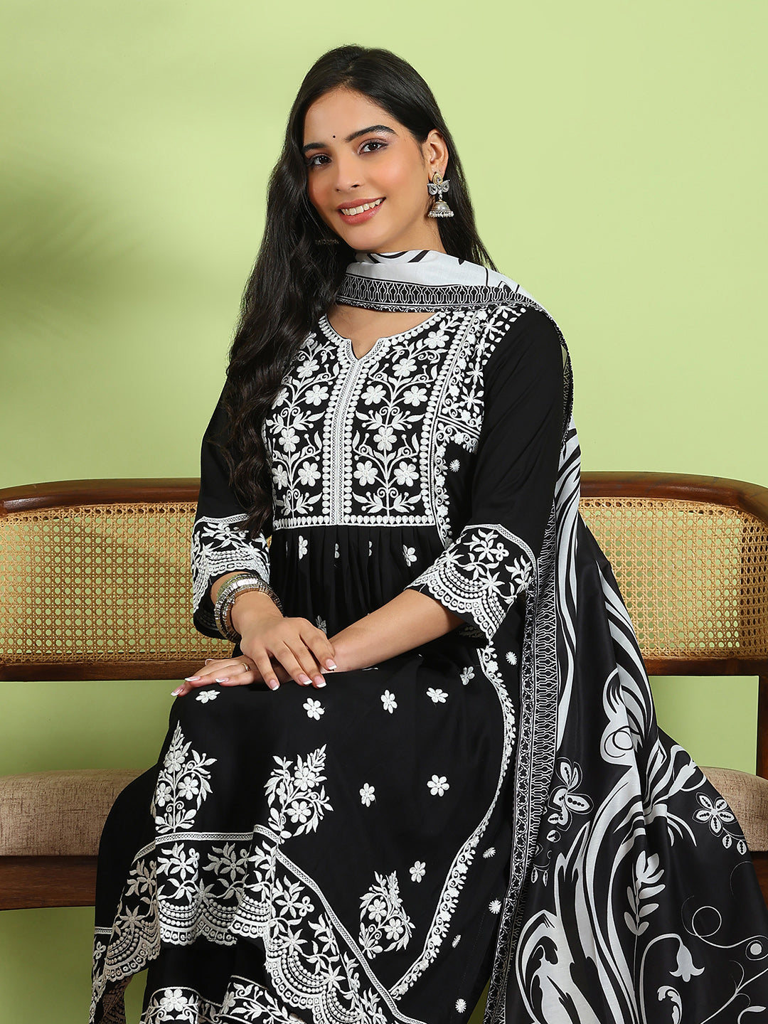 Embroidered Cotton Kurta With Pant &amp; Dupatta