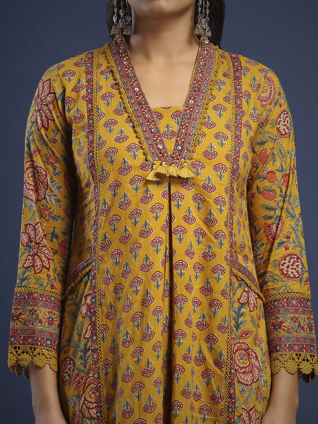 Mustard Cotton Blend Printed Straight Suit Set