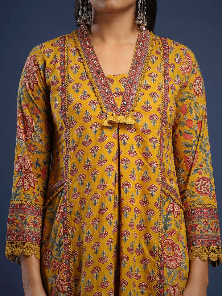 Mustard Cotton Blend Printed Straight Suit Set