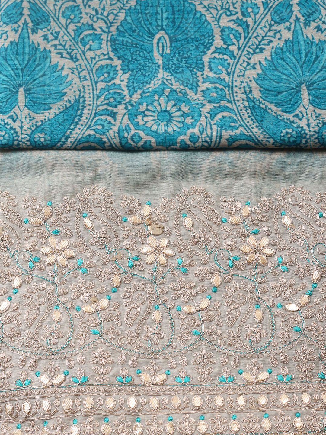 Printed Cotton Blend Unstitched Suit With Pant &amp; Dupatta