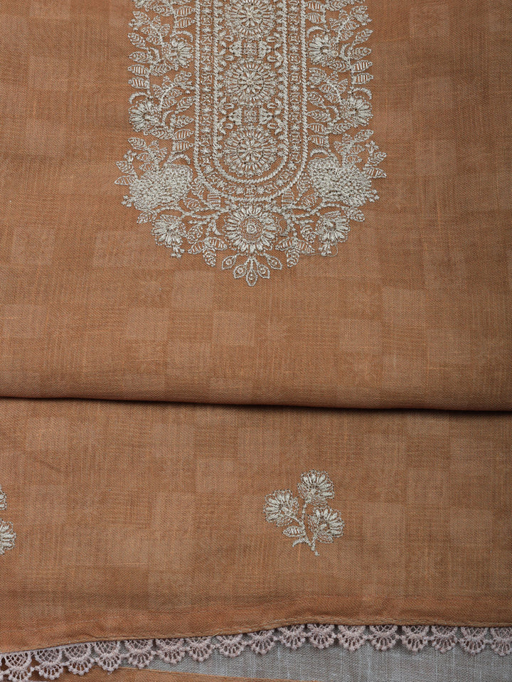 Embroidered Linen Blend Unstitched Suit With Pant &amp; Dupatta
