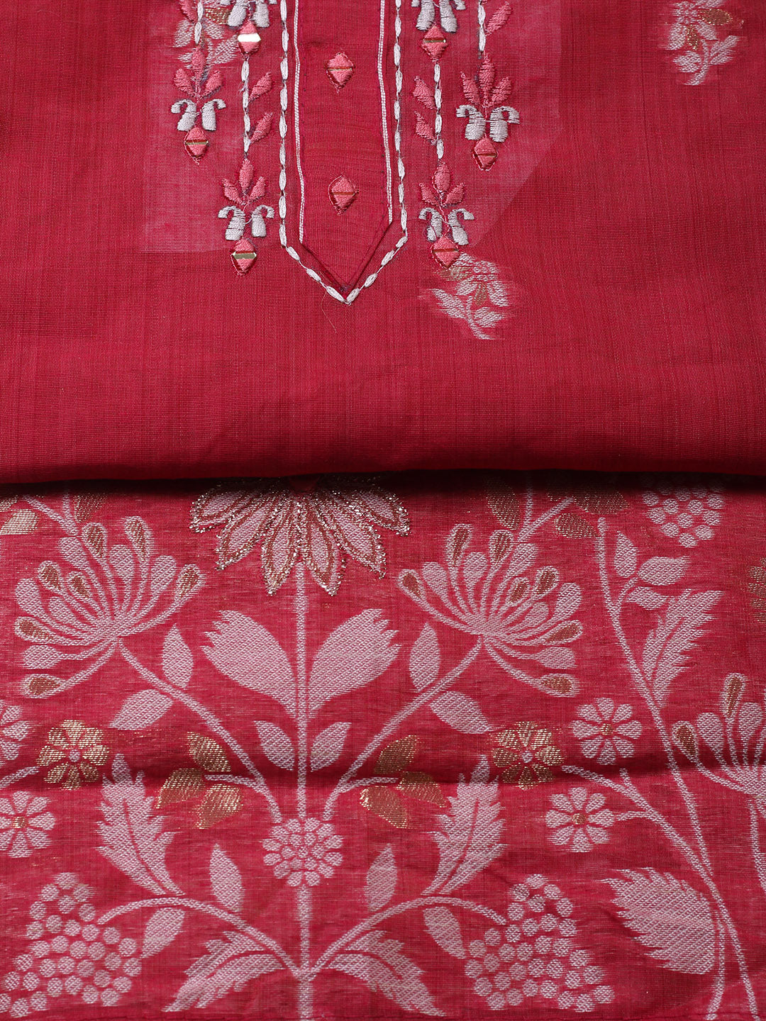 Embroidered Cotton Blend Unstitched Suit With Pant &amp; Dupatta