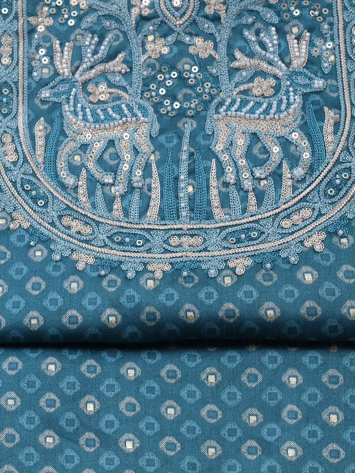 Embroidered Cotton Blend Unstitched Suit With Pant &amp; Dupatta