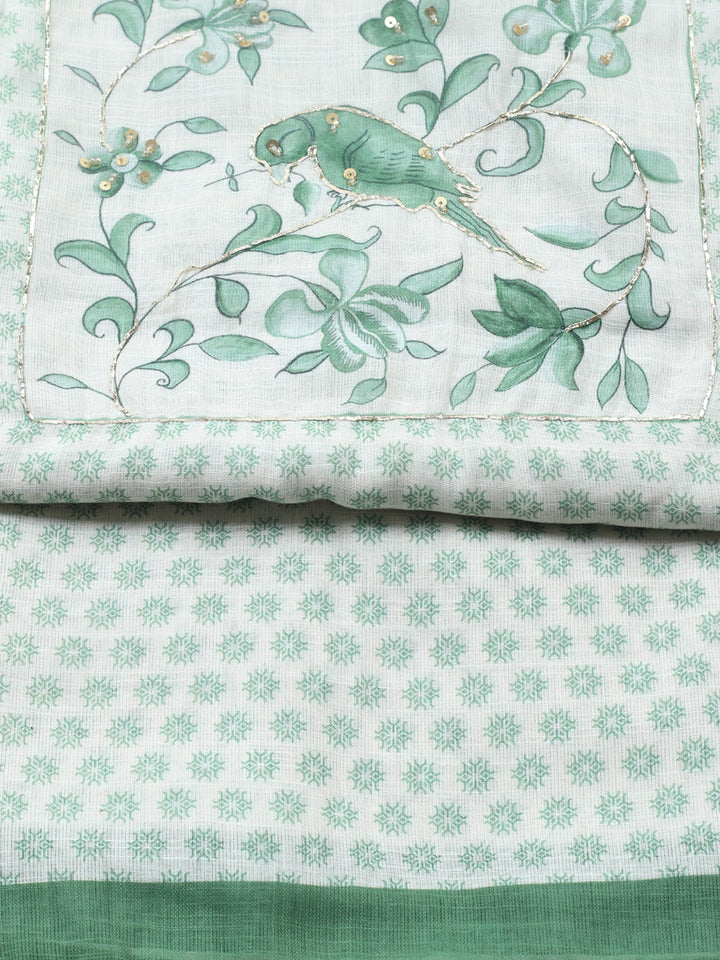 Printed Linen Blend Unstitched Suit With Pant &amp; Dupatta