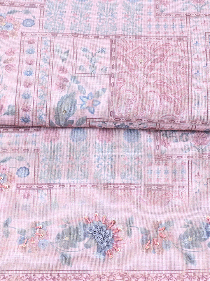 Printed Linen Blend Unstitched Suit With Pant &amp; Dupatta