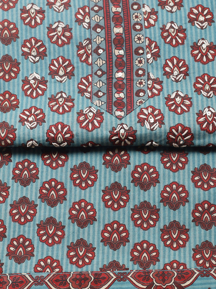 Printed Cotton Blend Unstitched Suit With Pant &amp; Dupatta