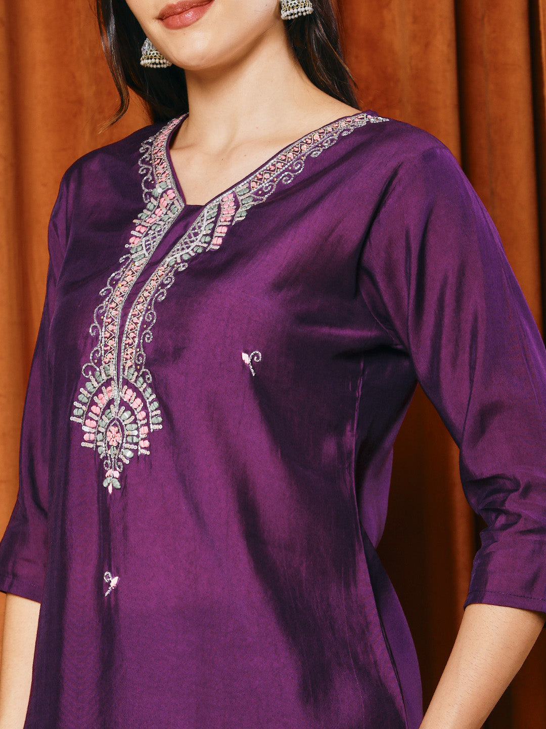 Resham Work Cotton Blend Kurta With Pants &amp; Dupatta
