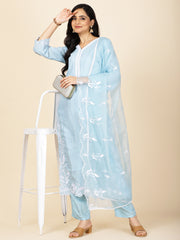 Neck Embroidery Cotton Kurta With Pants & Dupatta